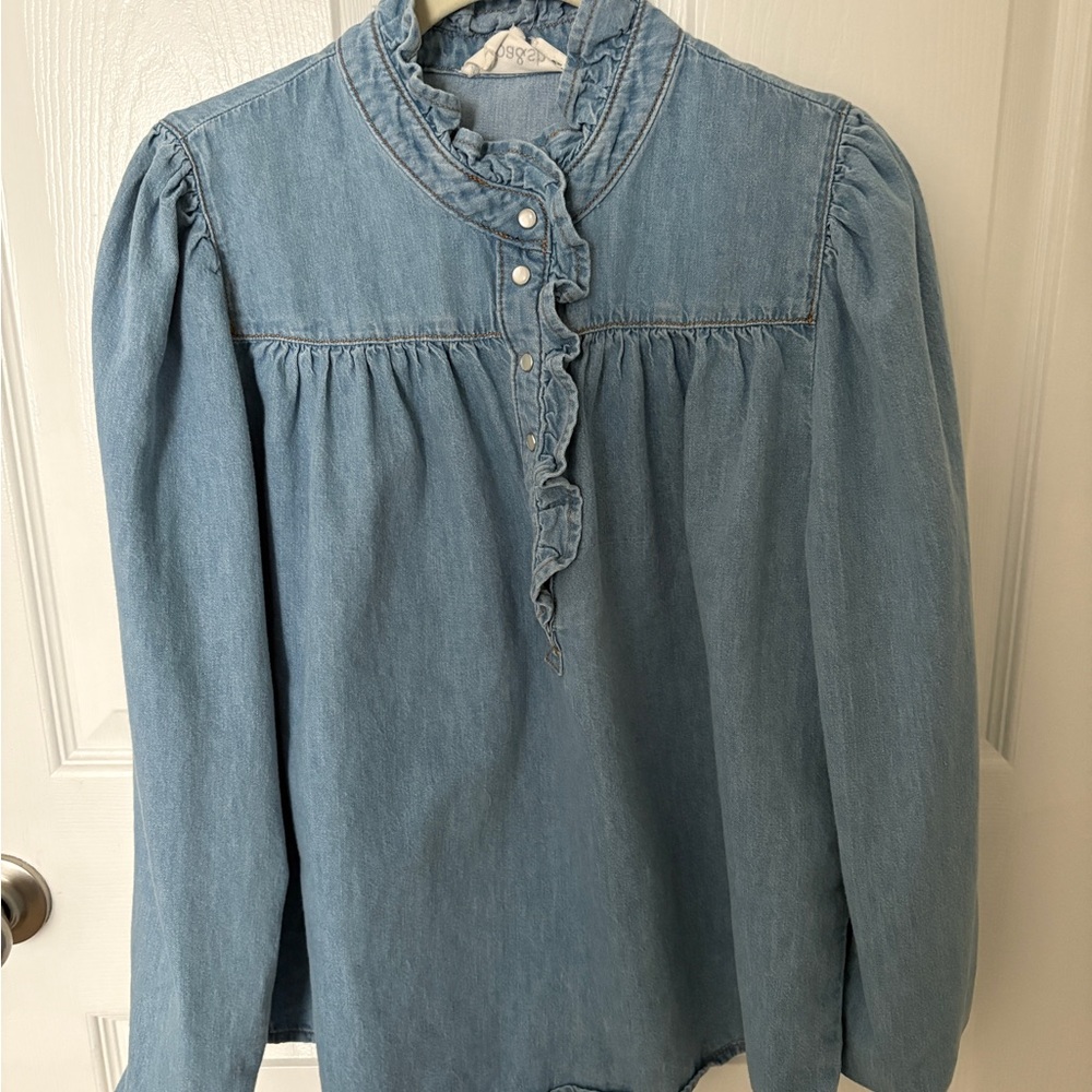 ba&sh Blue Puff Sleeve Ruffled Blouse
